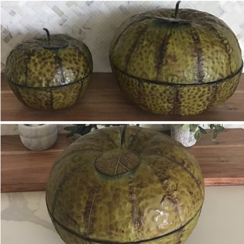 Two (2) Large & One (1) Small Distressed Hammered Metal Green Bowls With Lid